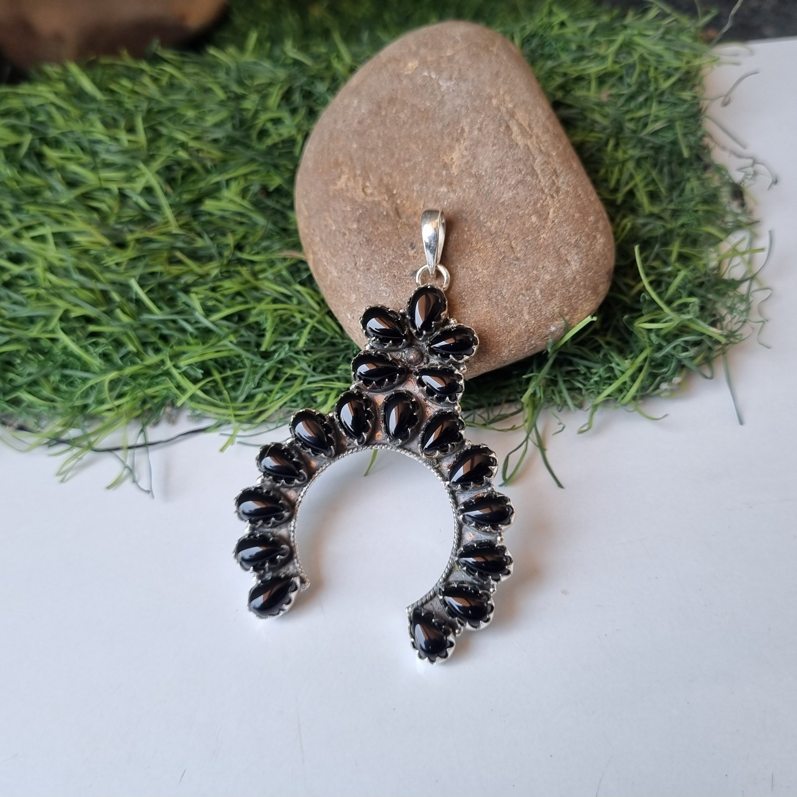 Large Black Onyx Gemstone Pendant 925 Sterling Silver Beautiful Gift her BT107