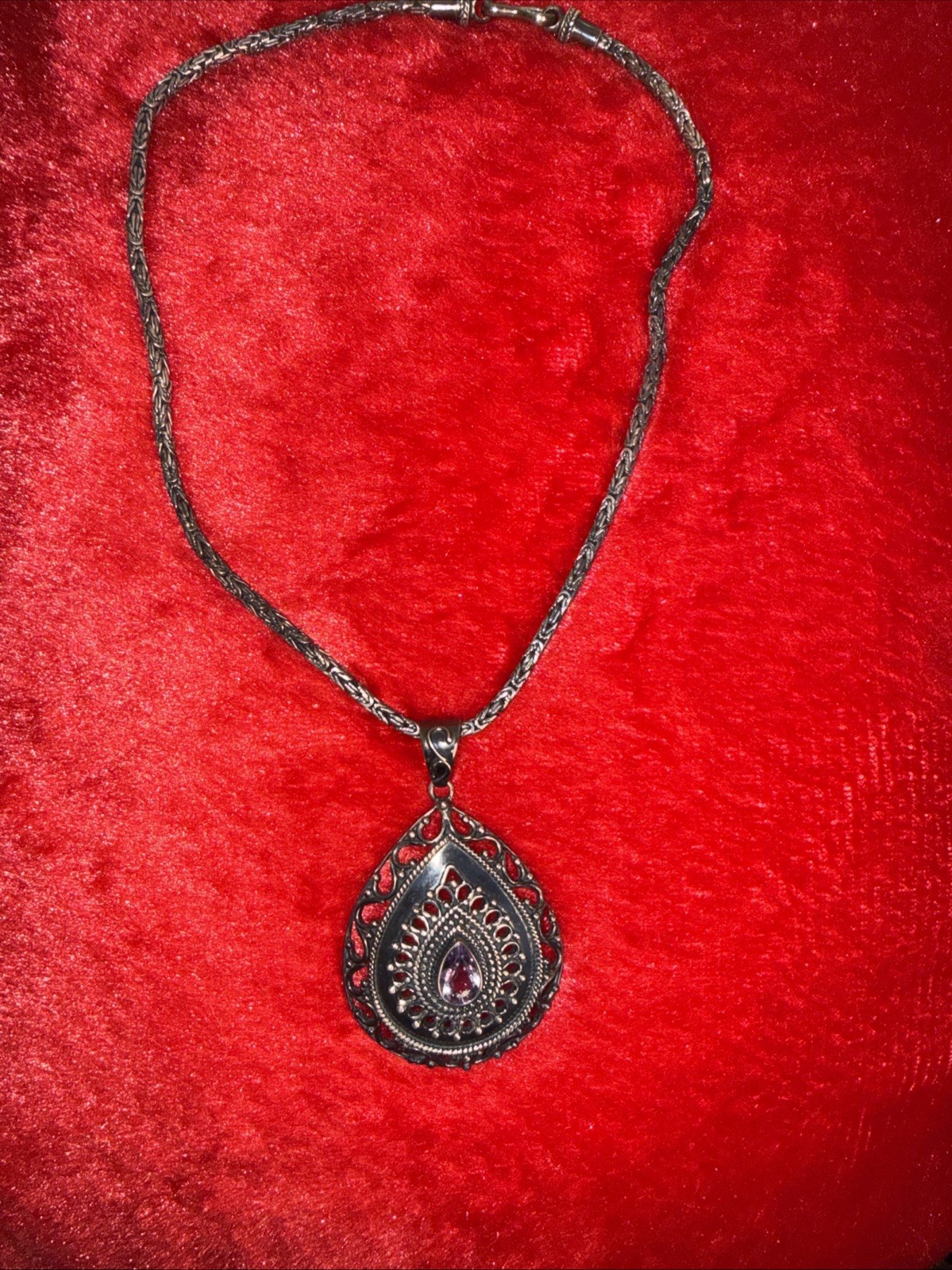 DP Oxidized Sterling Silver Large Tear Drop Amethyst Pendant Necklace India 18”