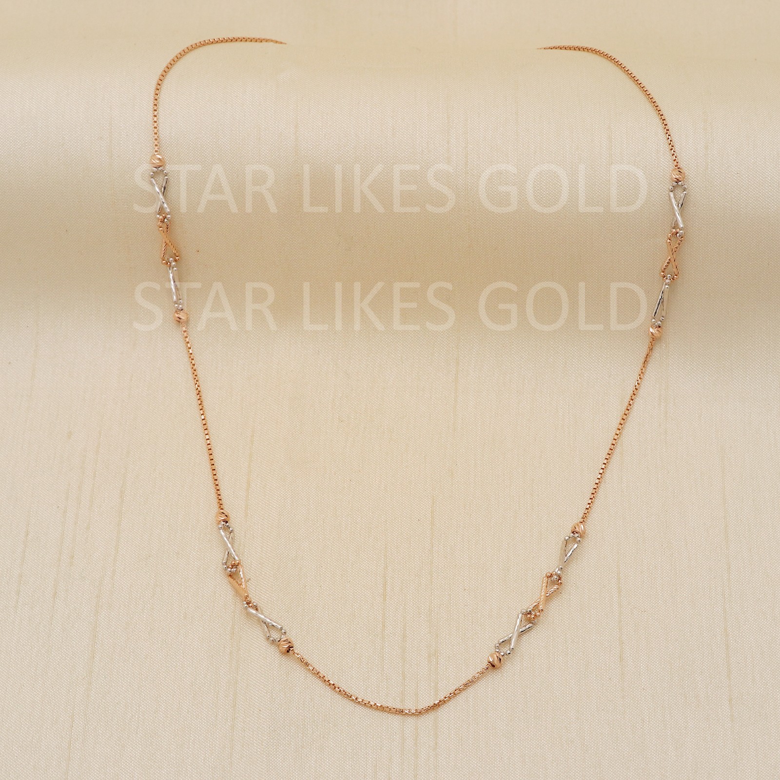 18K Rose Gold X Link Station Necklace 18″ 5.55g 3.75mm Dual Tone Box Chain 750