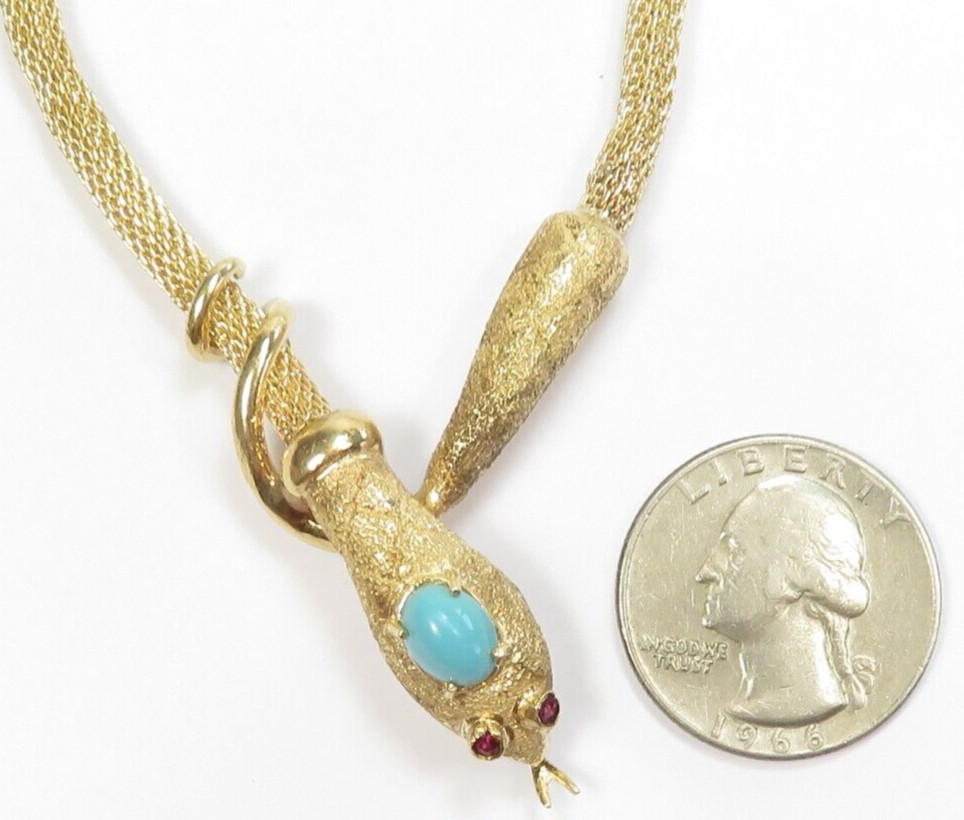 Antique Art Deco 1920’s Turquoise Snake Necklace 13K Yellow Gold 21″ 35.6 Grams
