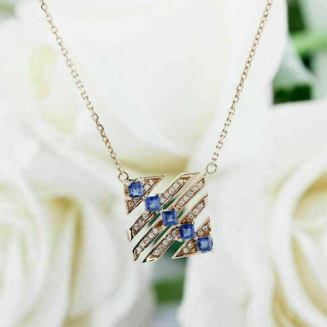 2Ct Princess Cut Simulated Blue Sapphire Unique Pendant 14K Rose Gold Finish