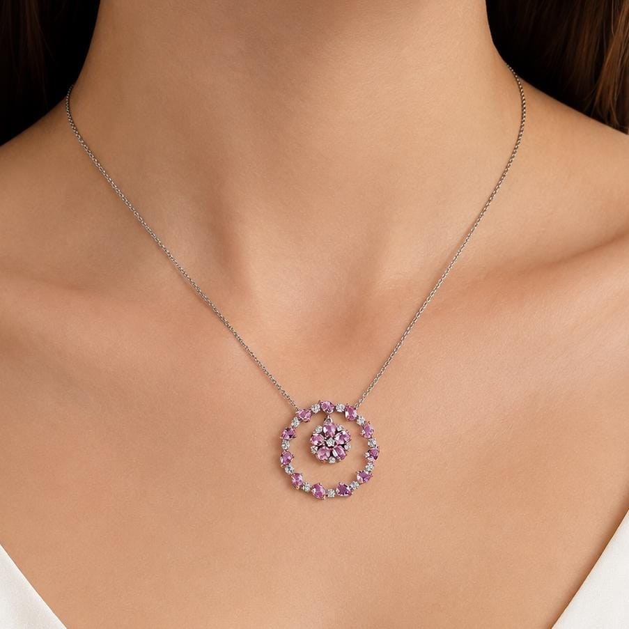 3.21 ct Natural Sapphire Circle Pendant 14K Gold 14K Solid Gold Floral Halo