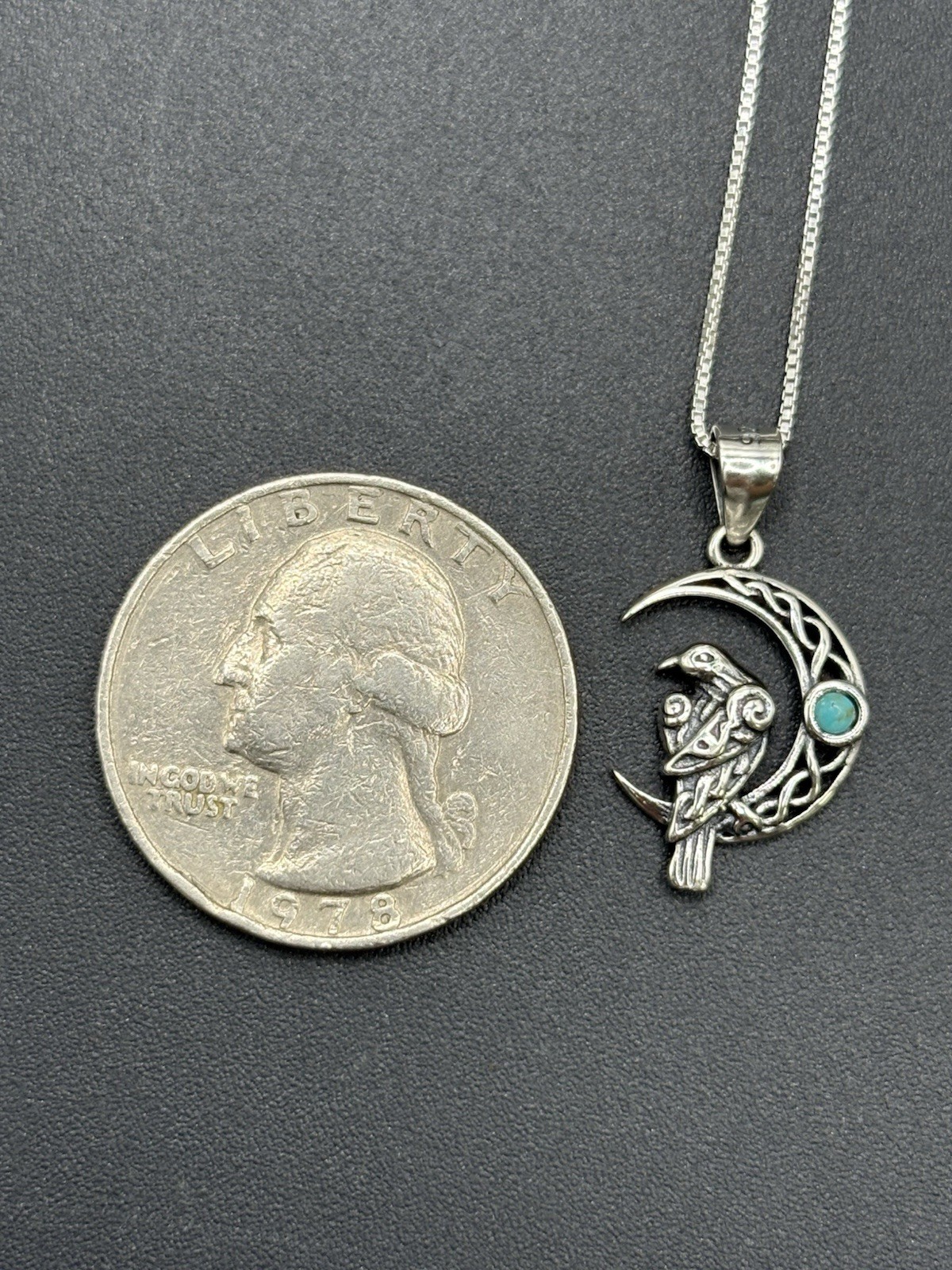 New Condition 18″ Sterling Silver Turquoise Celtic Bird Moon Pendant Necklace