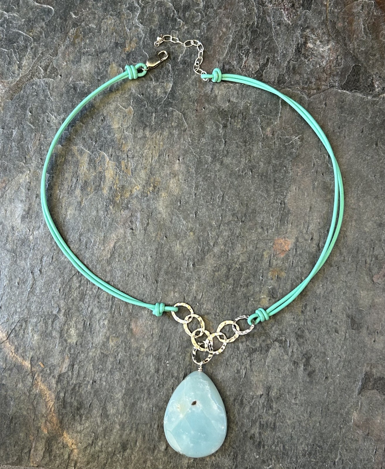 Aqua Amazonite 18″ Corded Necklace Teardrop 40mm Pendant Silver Estate New