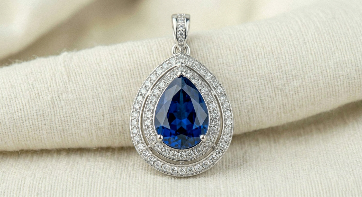 Lab Blue Sapphire Halo teardrop Pendant in 925 Sterling Silver Gift For Her
