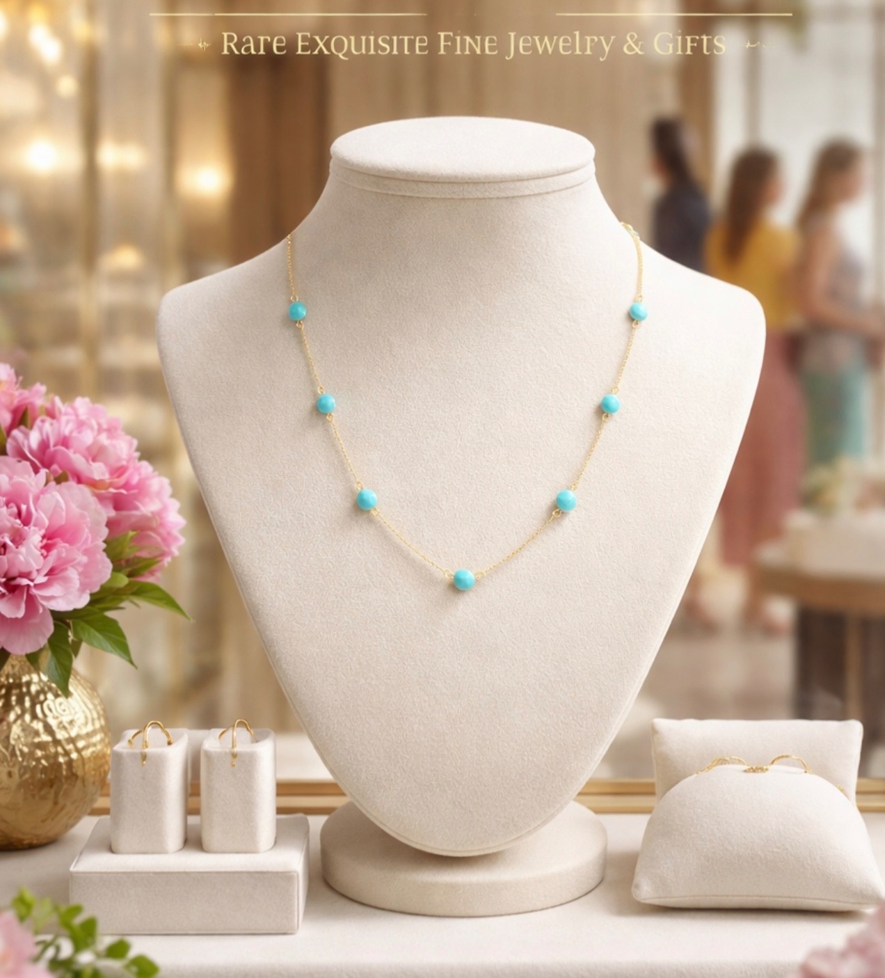 NEW BC® 18K YELLOW GOLD NATURAL TURQUOISE 24″ 18″ VICTORIAN 9 ROSE CUT NECKLACE