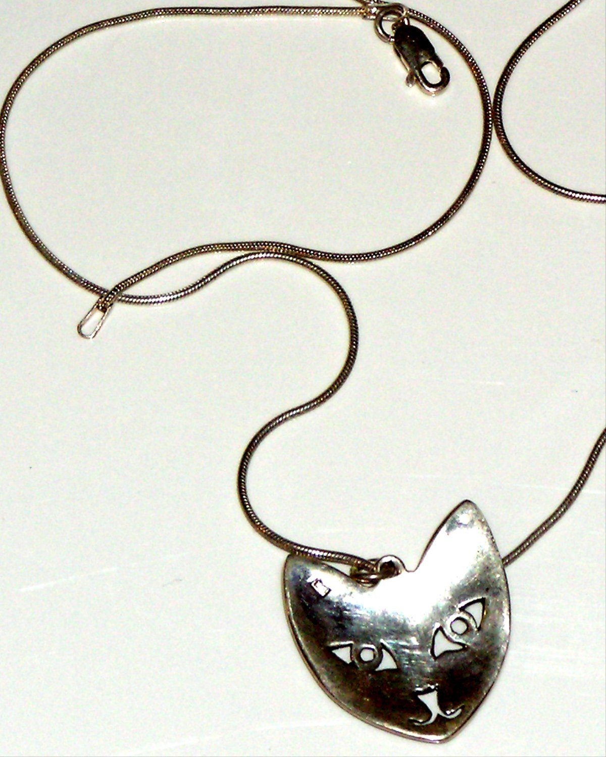 Cat Face Head Pendant Necklace 925 Stamped Silver