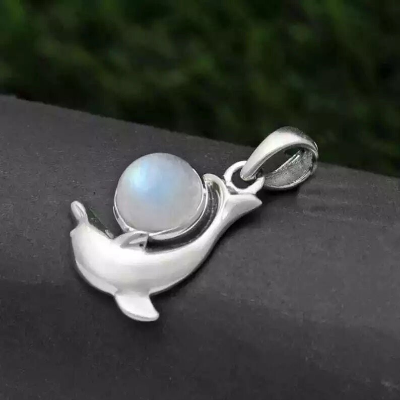 Rainbow Moonstone Dolphine Designer Silver Pendant Wedding Gift for Her & Him