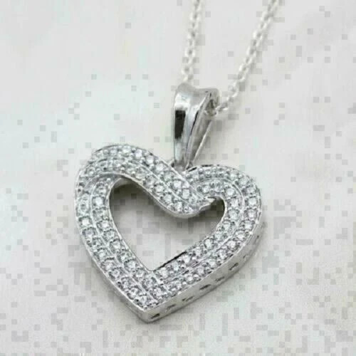 2Ct Round Cut Diamond Cluster Heart Pendant 14K White Gold Finish Free 18″ Chain