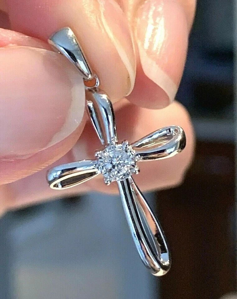 1Ct Round Cut Lab-Created Diamond Cross Charm Pendant 14K White Gold Plated
