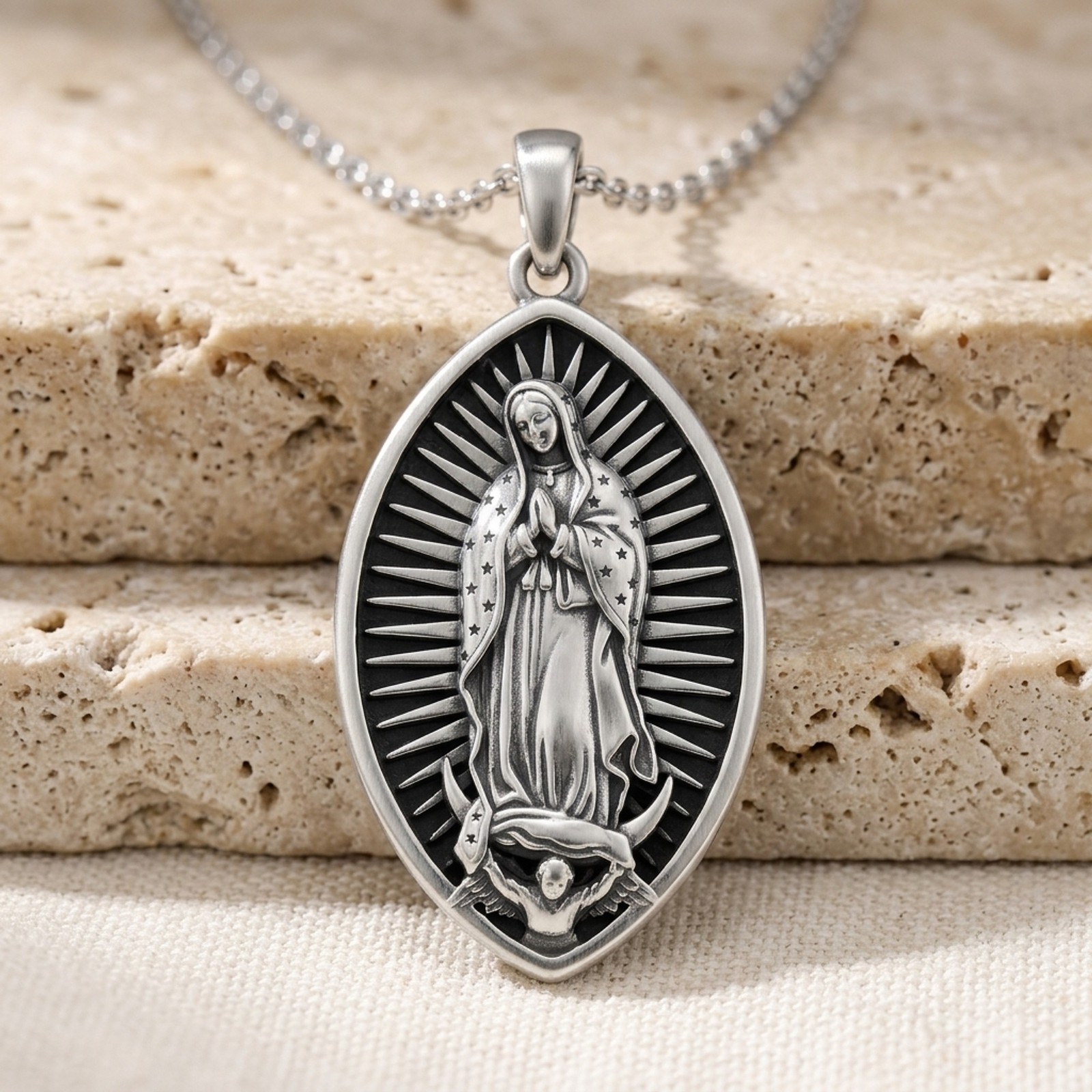 Handcrafted Our Lady Guadalupe Pendant Oxidized 925 Sterling Silver Medallion