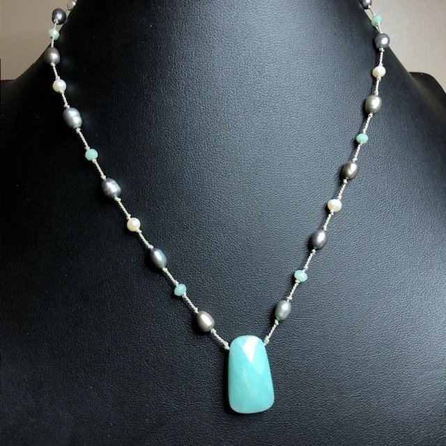 B4096 Amazonite Pearl Beaded Necklace Toggle Sterling Silver *unmarked Clasp