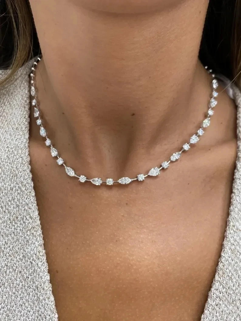 14K White Gold Plated VVS1 Moissanite Multi Shape Moissanite 18″ Tennis Necklace