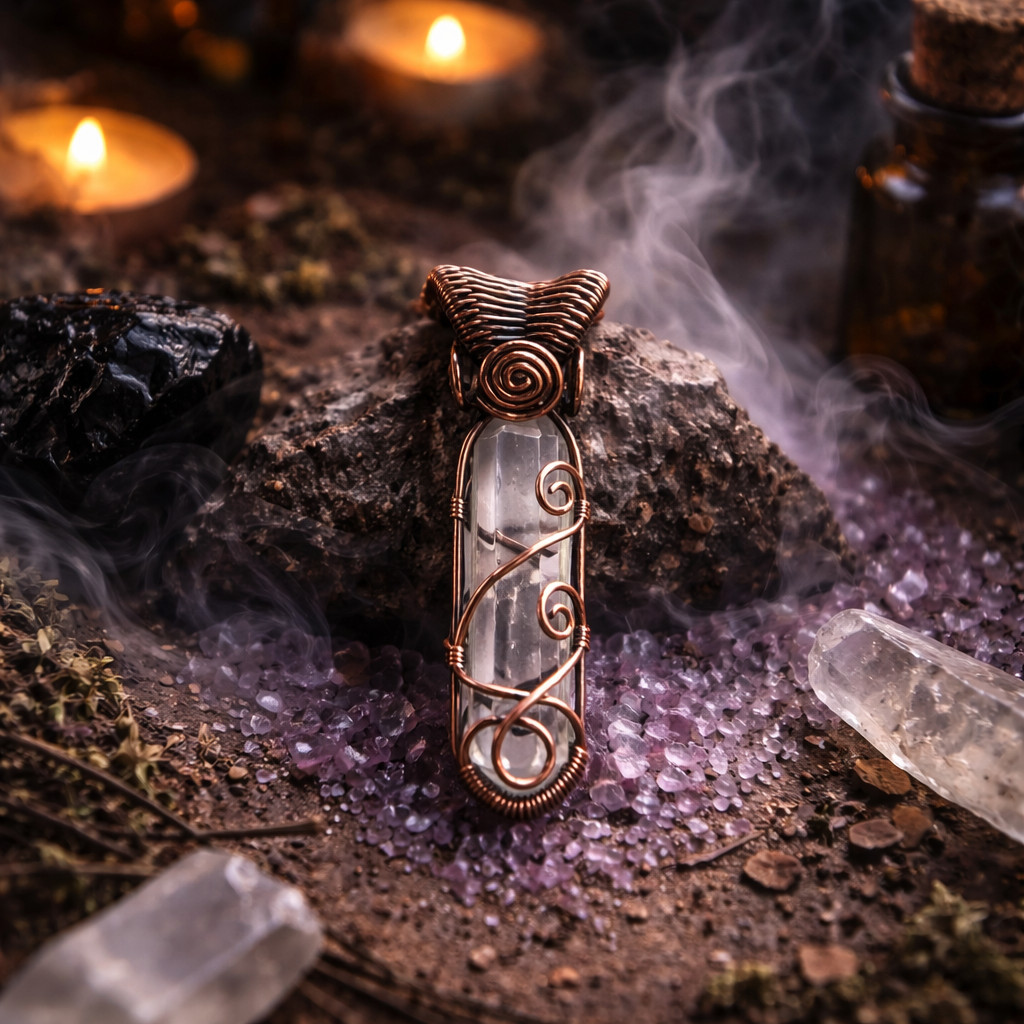 Handmade Clear Quartz Healing Crystal Necklace Copper Wire Wrapped Pendant