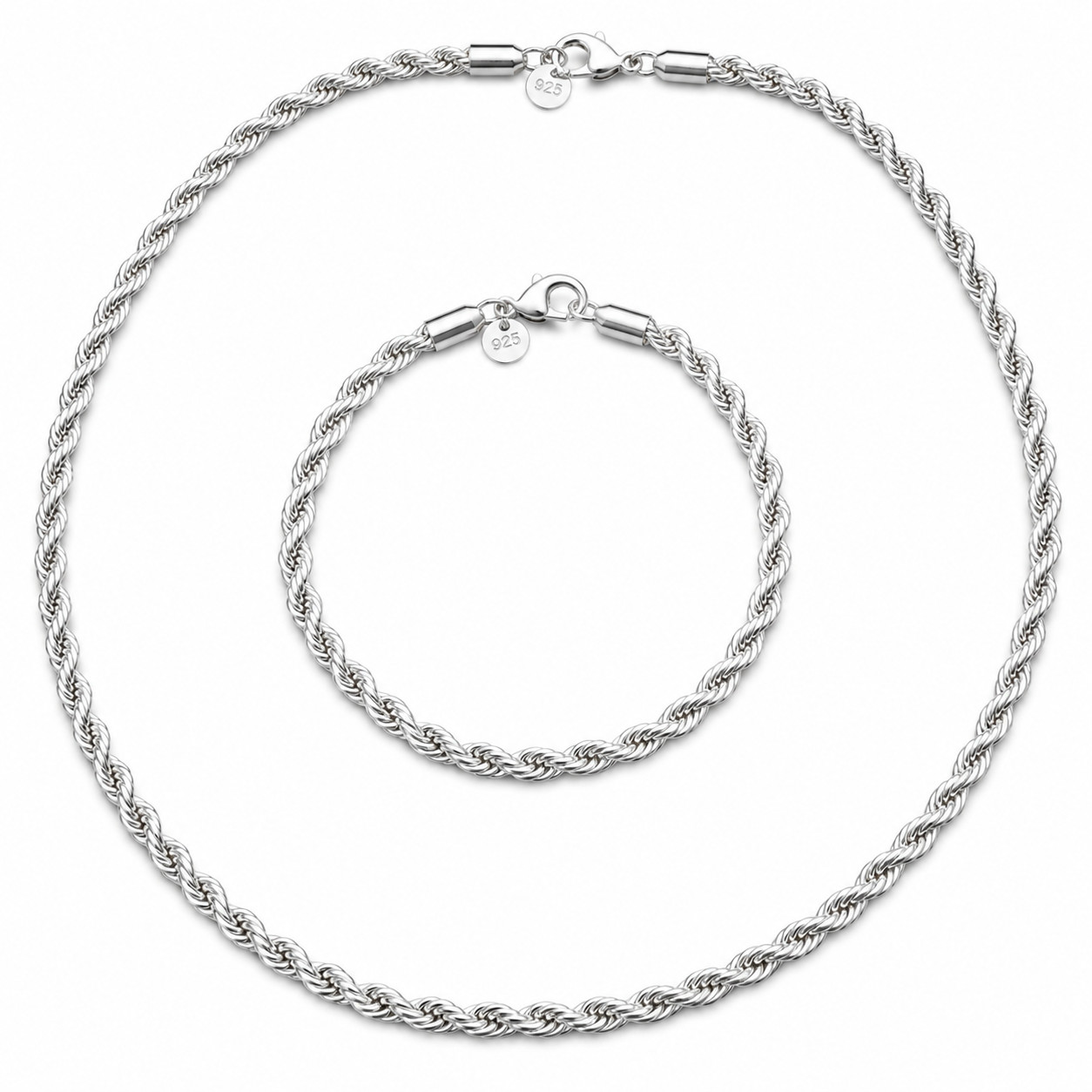 925 Sterling Silver Rope Twist 40cm Necklace & 20cm Bracelet Set Gift Boxed
