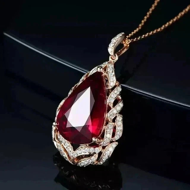 2.10Ct Pear Cut Lab Created Red Ruby Women Pendant 14K Rose Gold Plated 18″inch