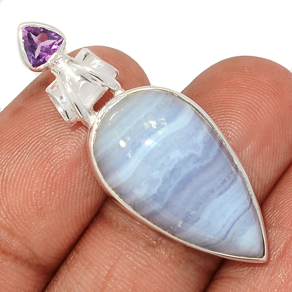 Natural Blue Lace Agate – South Africa & Amethyst 925 Silver Pendant CP60109