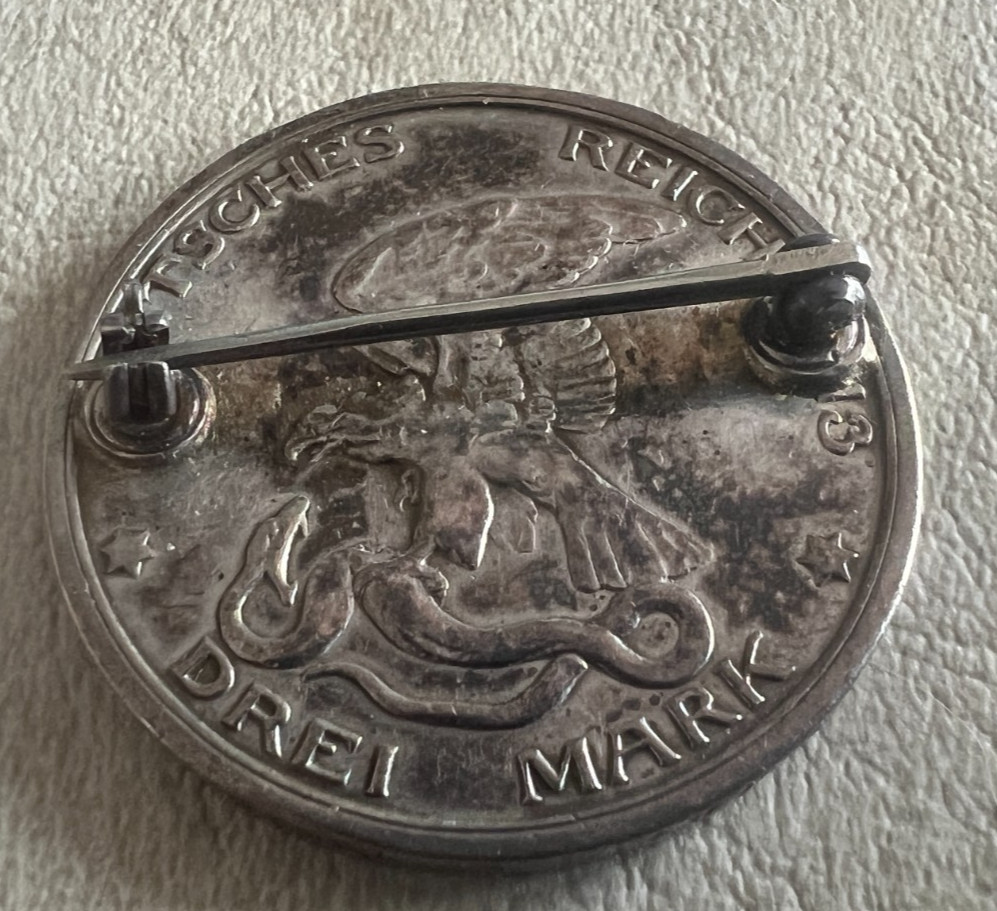 Vintage 1913 Prussia 3 Mark Coin 90% Silver Coin German Empire Drei Mark Pin