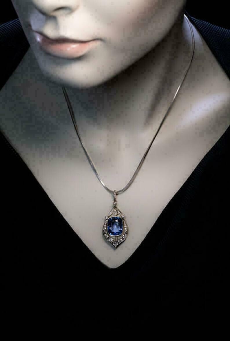 4Ct Cushion Cut Sapphire & Diamond Pendant 14K White Gold Over