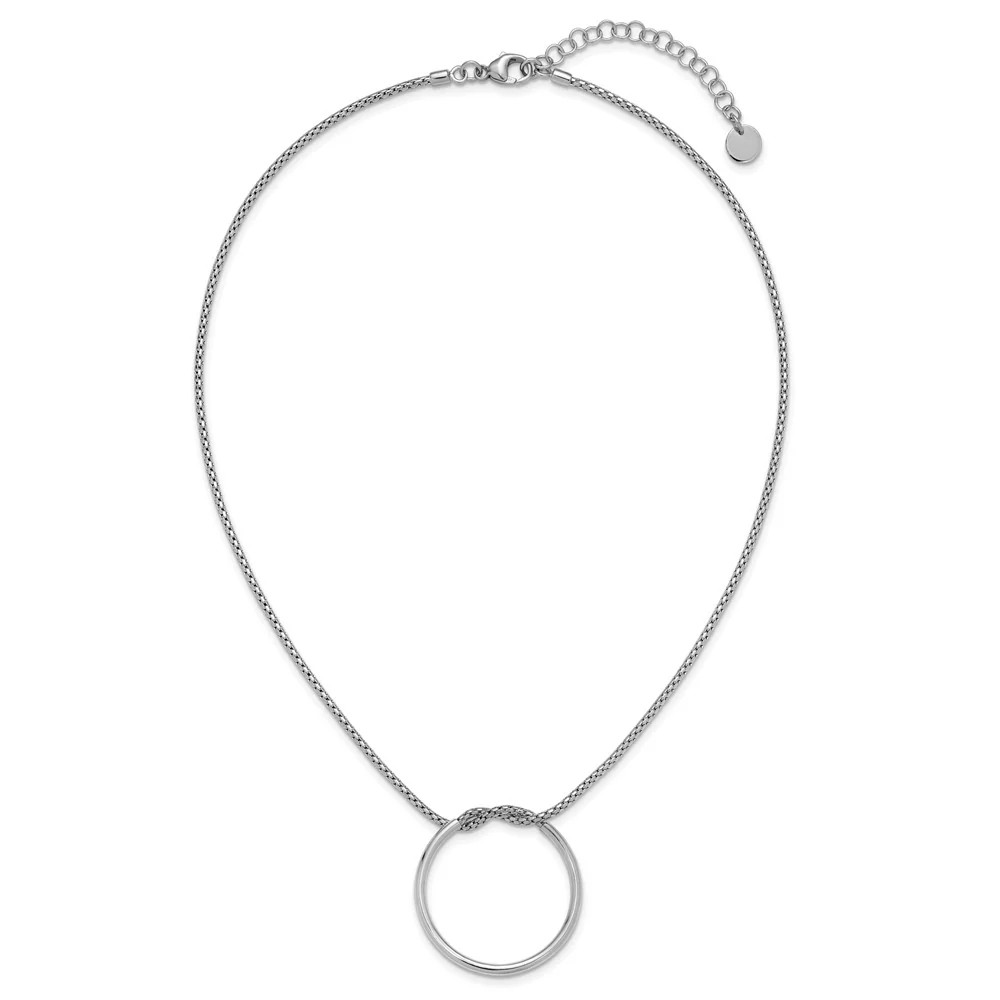 Sterling Silver RH-Pl Polished/Textured Circle Pendant With 2in Ext.
