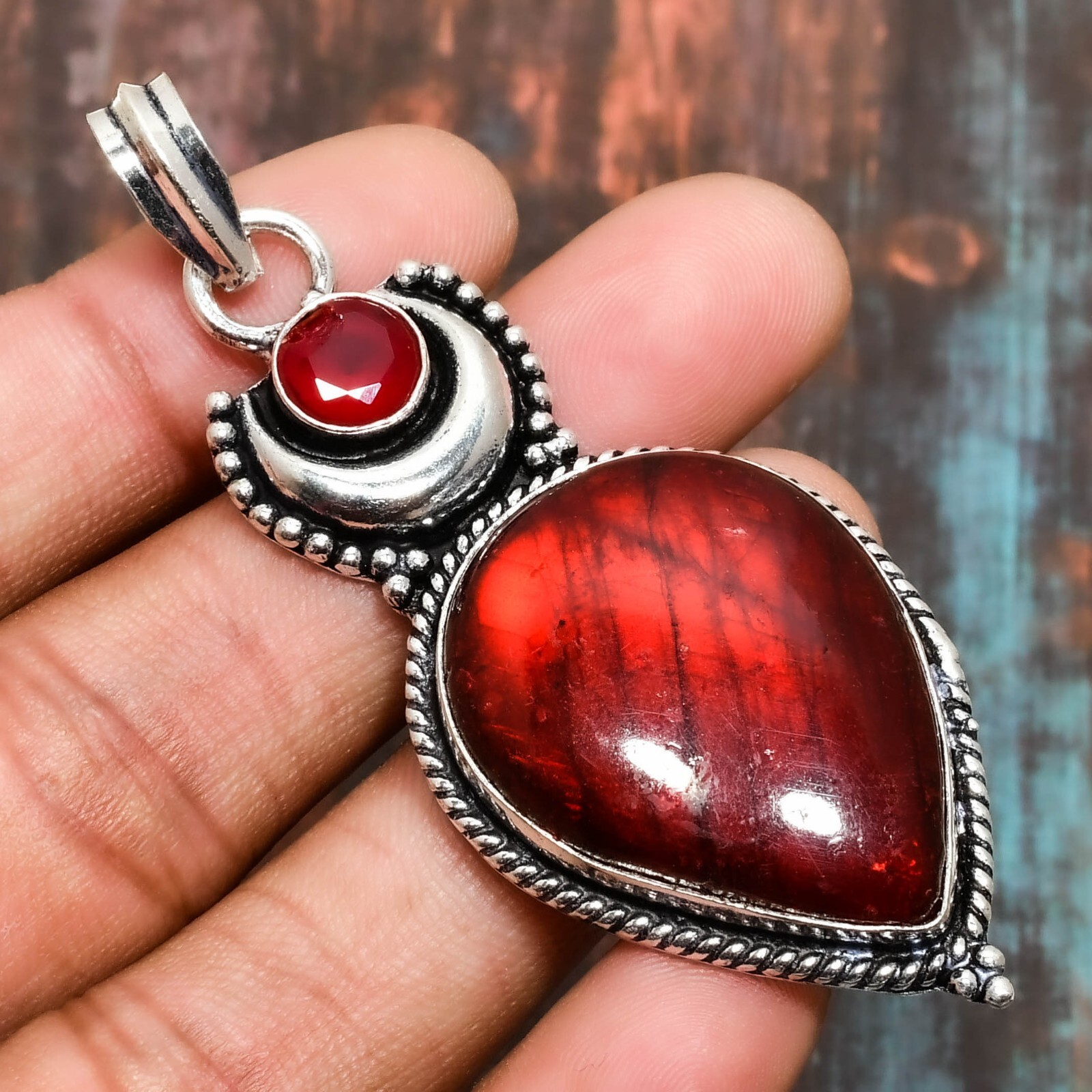 Red Labradorite $ Garnet Gemstone Handmade Jewelry Pendant 2.76″