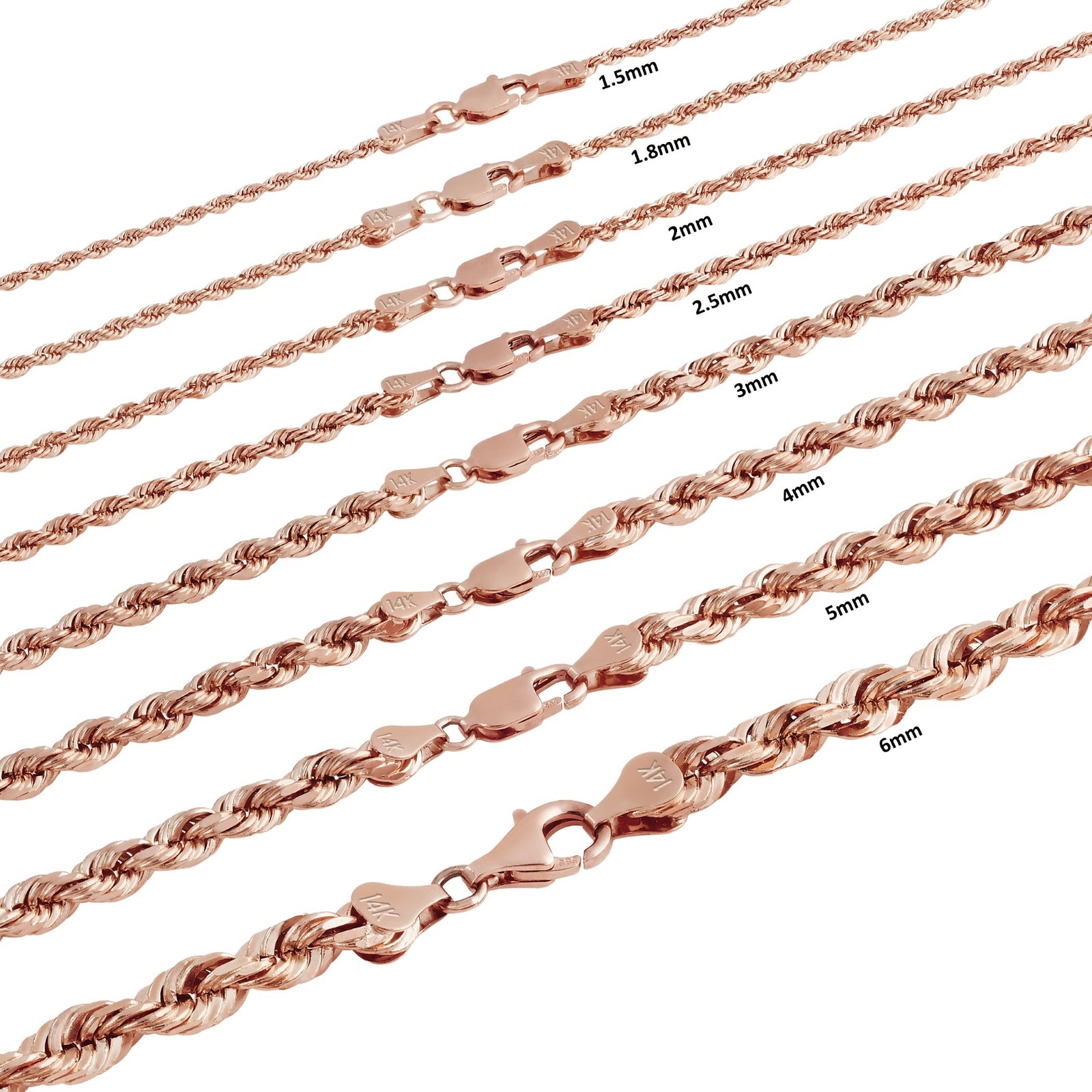 14K Rose Gold 1.5mm-6mm Diamond Cut Rope Chain Necklace Mens Womens 16″-30″