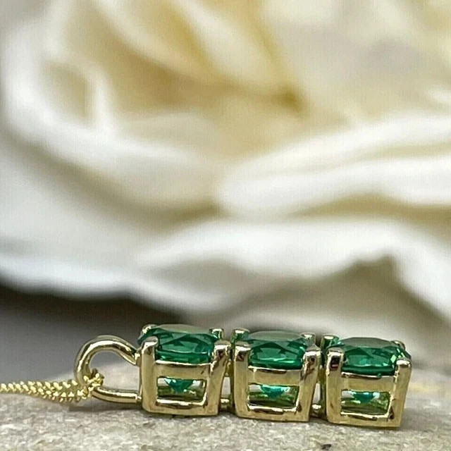 2Ct Round Cut Lab-Created Green Emerald 3 Stone Pendant 14k Yellow Gold Plated