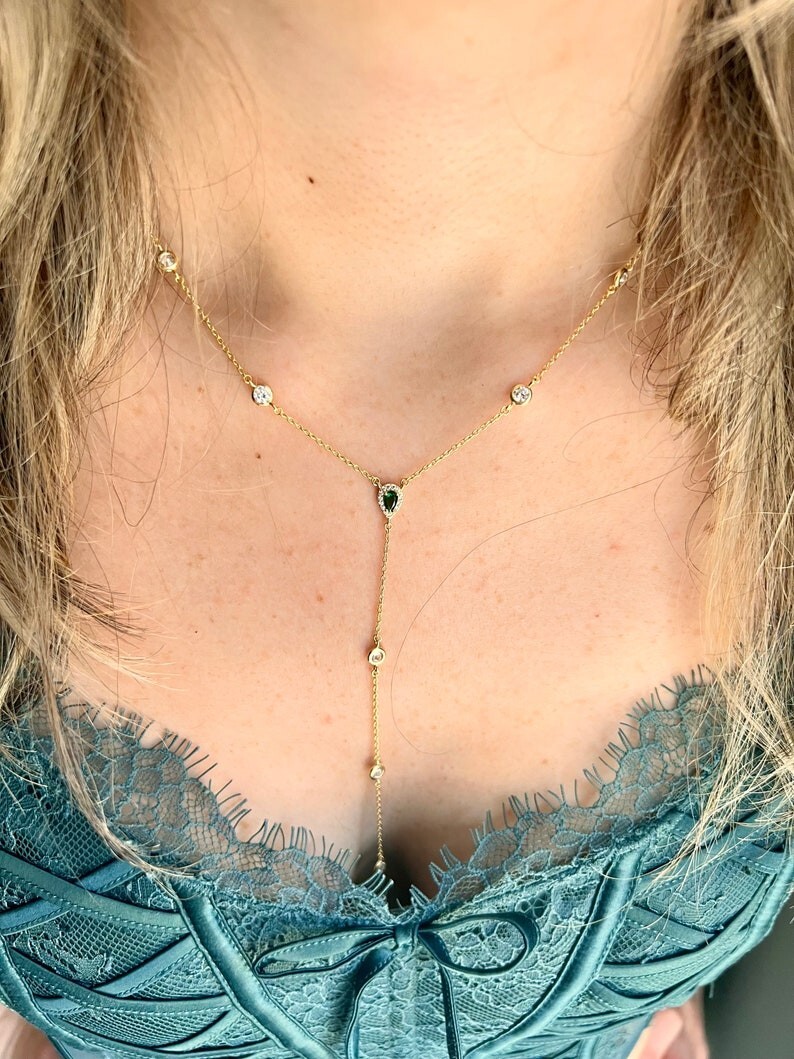 2Ctw Pear Cut Lab Created Emerald Diamond Lariat Necklace 14K Yellow Gold Plated