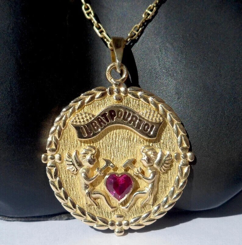 Vintage 0.20Ct Lab Created Ruby AUGIS Women’s /MenPendant 14K Yellow Gold Finish