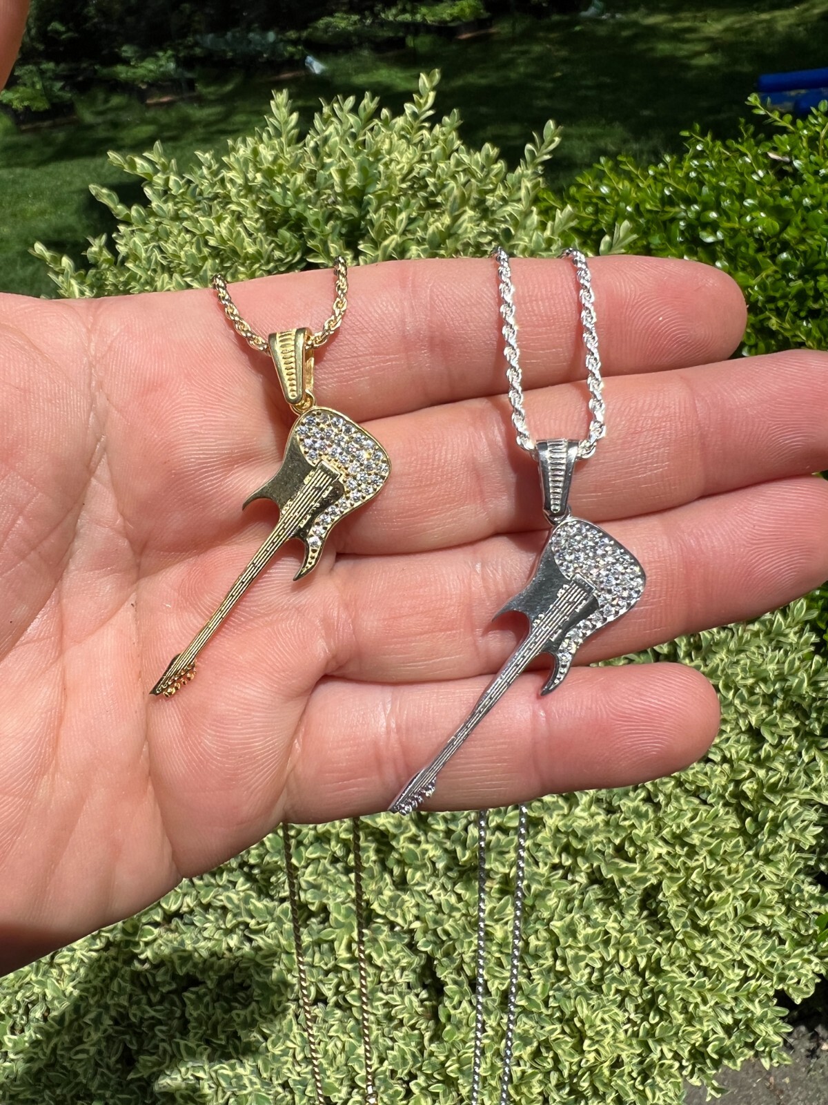 Real 925 Silver / 14k Gold Plated Electric Guitar Rockstar Pendant Necklace CZ