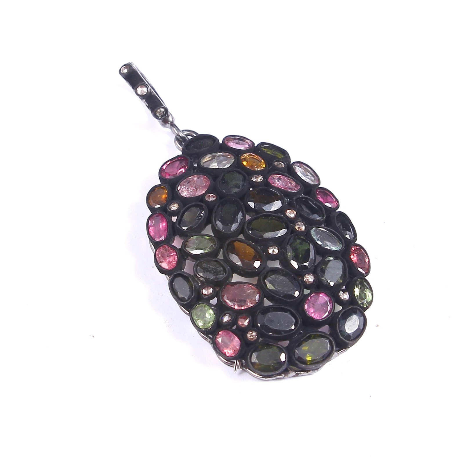 Natural 15pcs Rose Cut Diamond Tourmaline Pendant Necklace 925 Sterling Silver