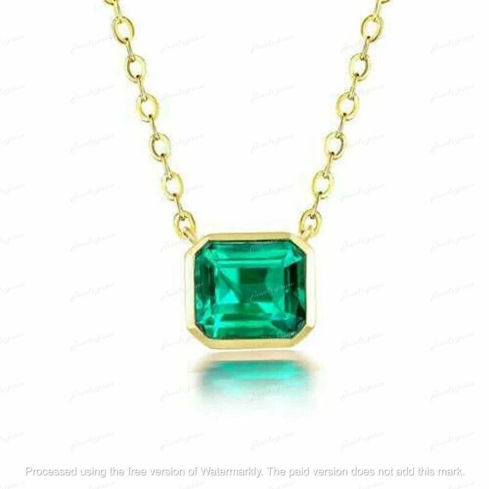 Asscher Cut Lab Created Green Emerald Pendant Necklace In 14K Yellow Gold Plated