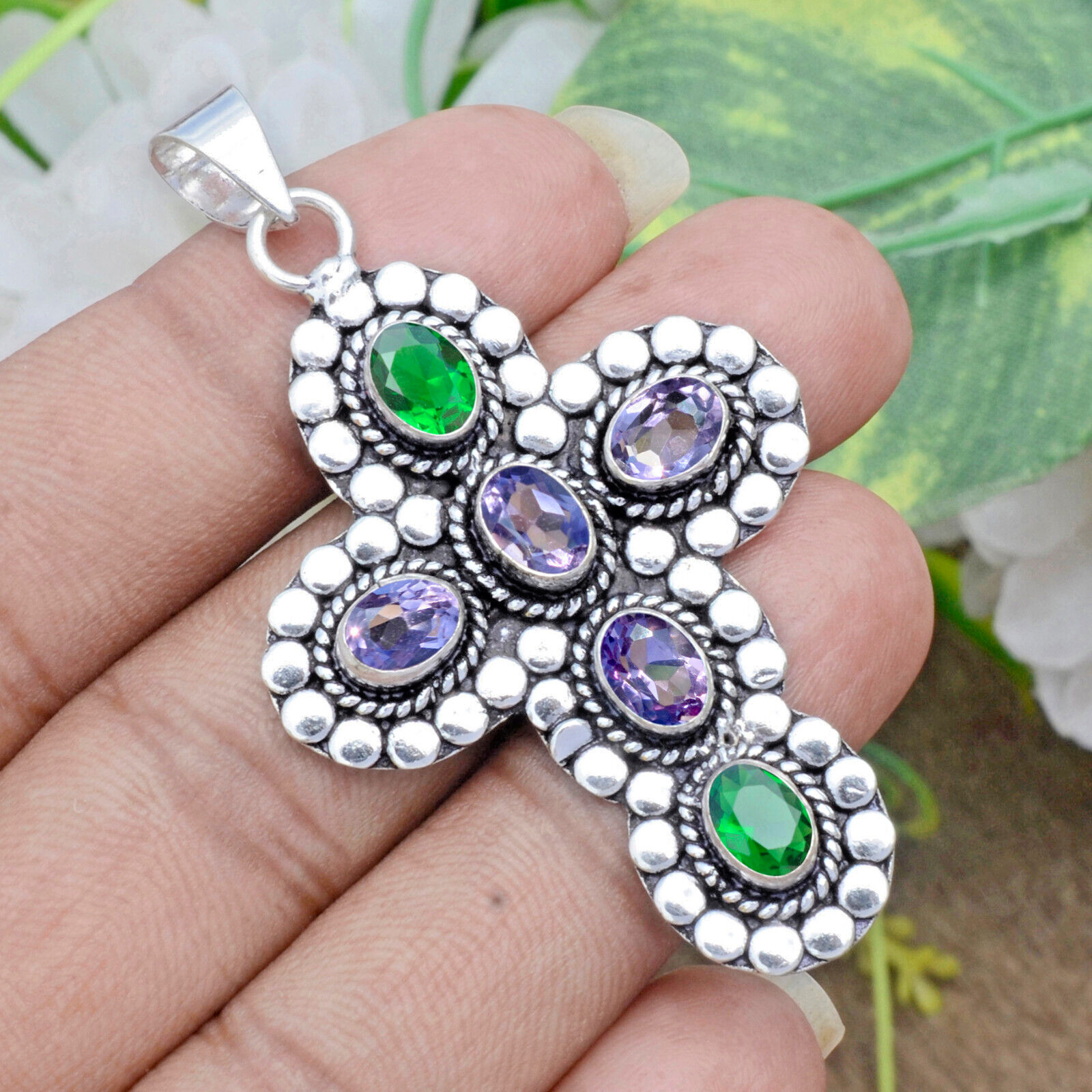 Amethyst Cut & Diopside Gemstone Pendant 925 Sterling Silver Beauty Art Cross