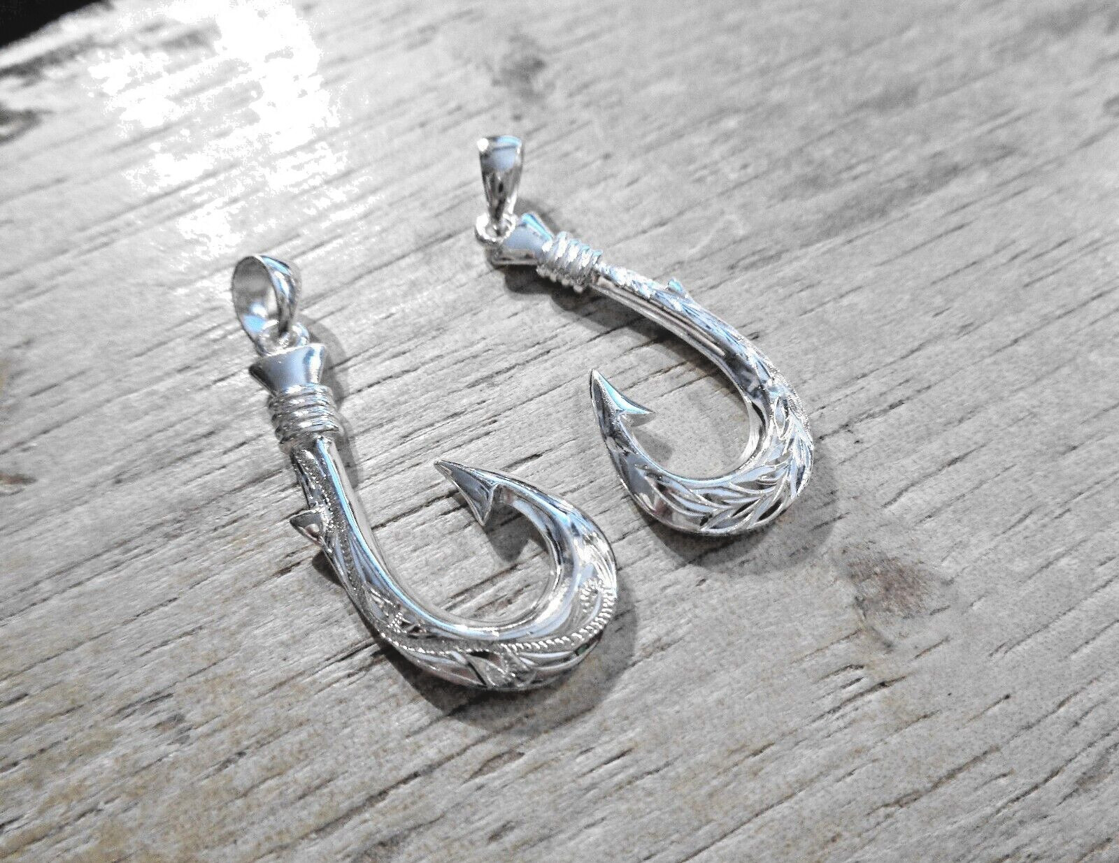 19MM SOLID 925 SILVER 2SIDED ENGRAVED HAWAIIAN SCROLL MAILE FISH HOOK PENDANT #2