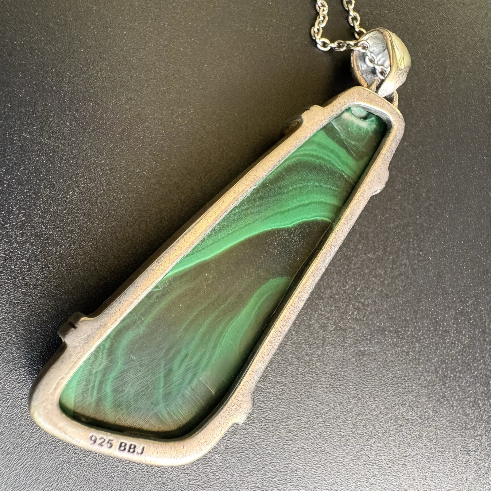 Large Malachite Pendant Statement Necklace Sterling 925BBJ Modernist Green Stone