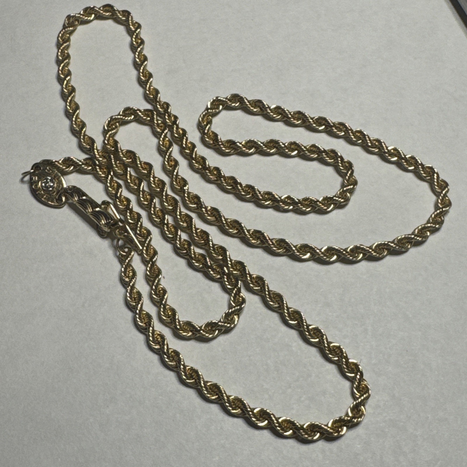 Genune Silk Rope 14K Solid 18” 7.5g Gold Chain Diamond Chip Closure Vtg RARE!