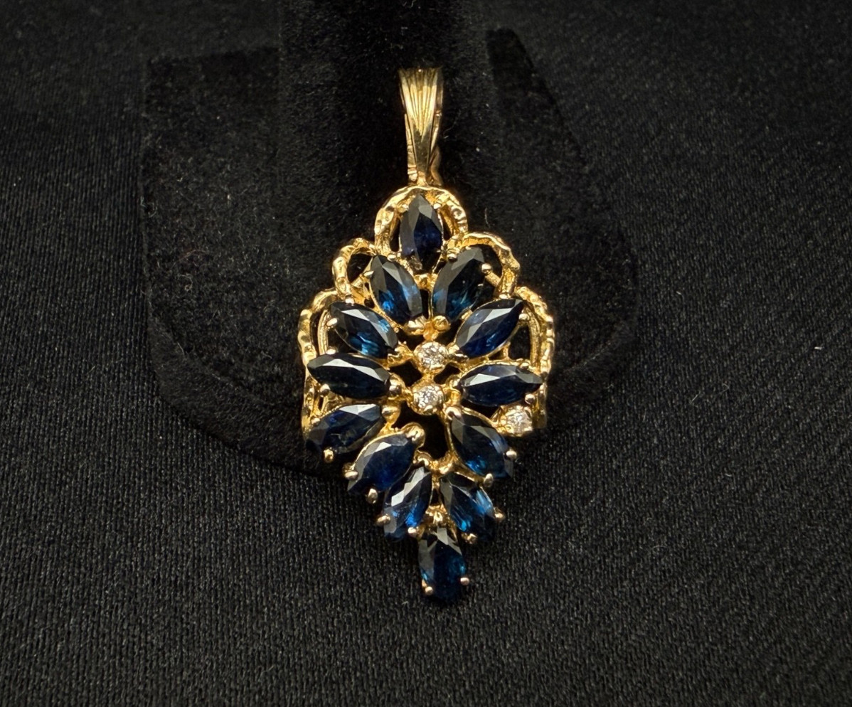 14K 585 Solid Yellow Gold Marquise Blue Sapphire & Diamond Pendant 5.28g