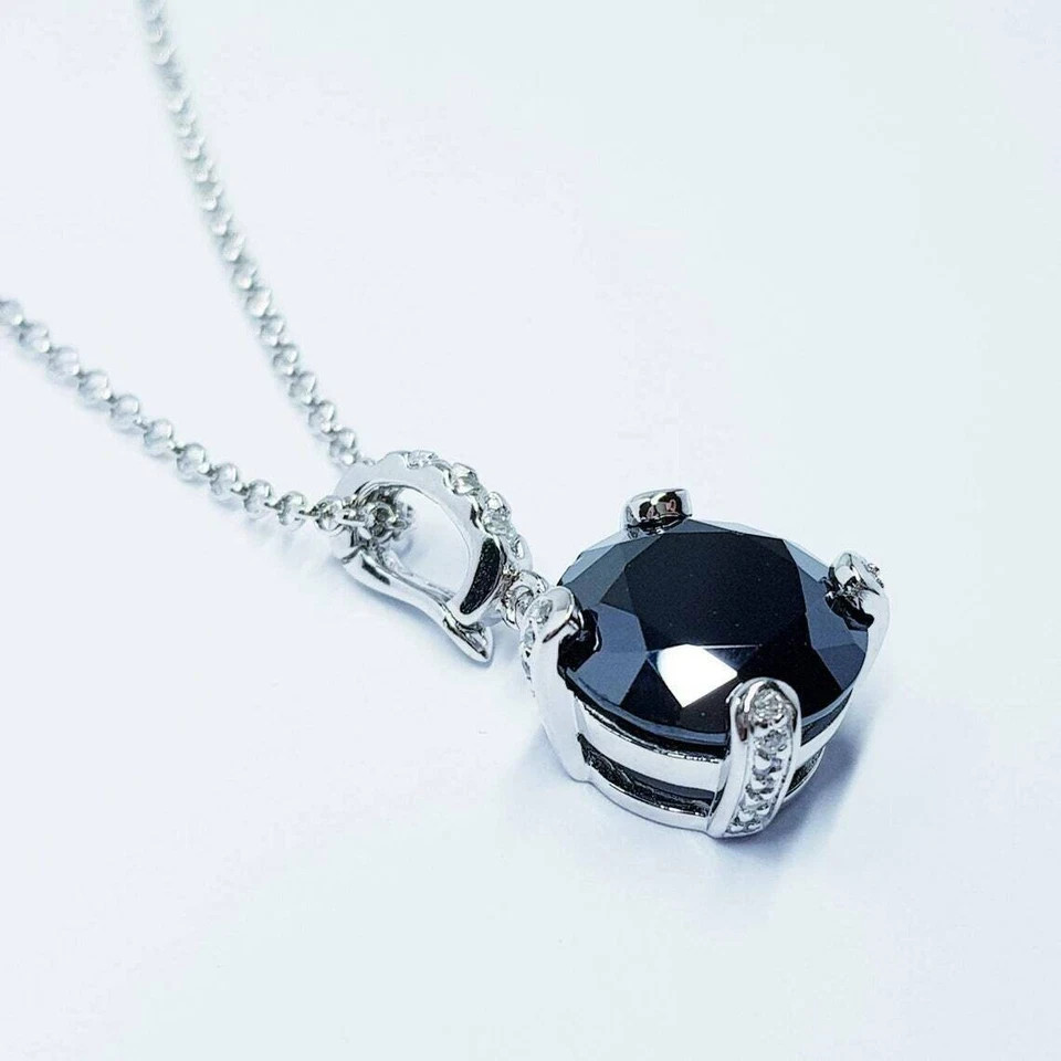 2 Ct Round Cut Black Diamond Pendant 18″ Free Chain 14K White Gold Finish