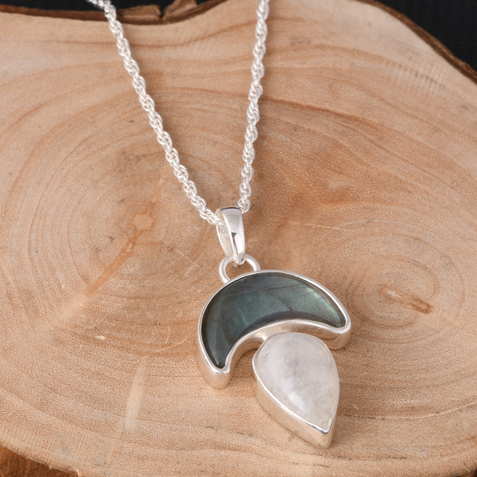 925 Sterling Silver Labradorite & Moonstone Necklace Crescent Jewelry for Gift