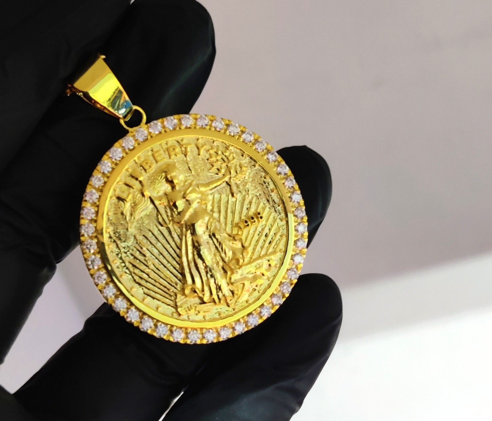 1.20Ct Round Cut Lab Created Diamond Liberty Coin Pendant 14K Yellow Gold Plated
