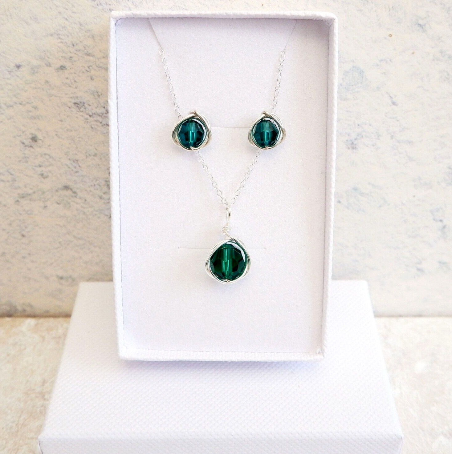 Emerald Crystal Necklace Set Sterling Silver May Birthstone Handmade Gift Box