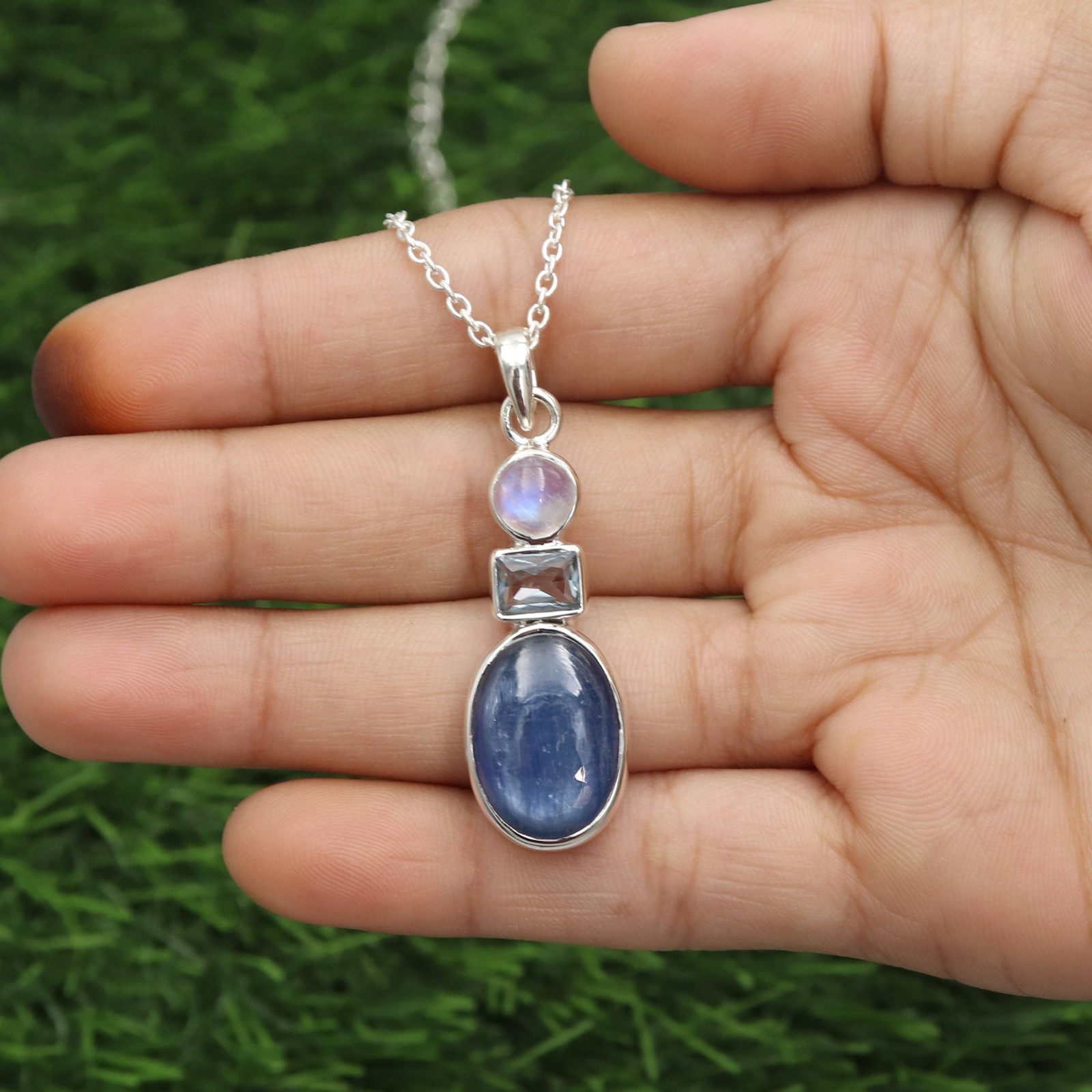 925 Sterling Silver Kyanite Moonstone Blue Topaz Multi Gemstone Necklace