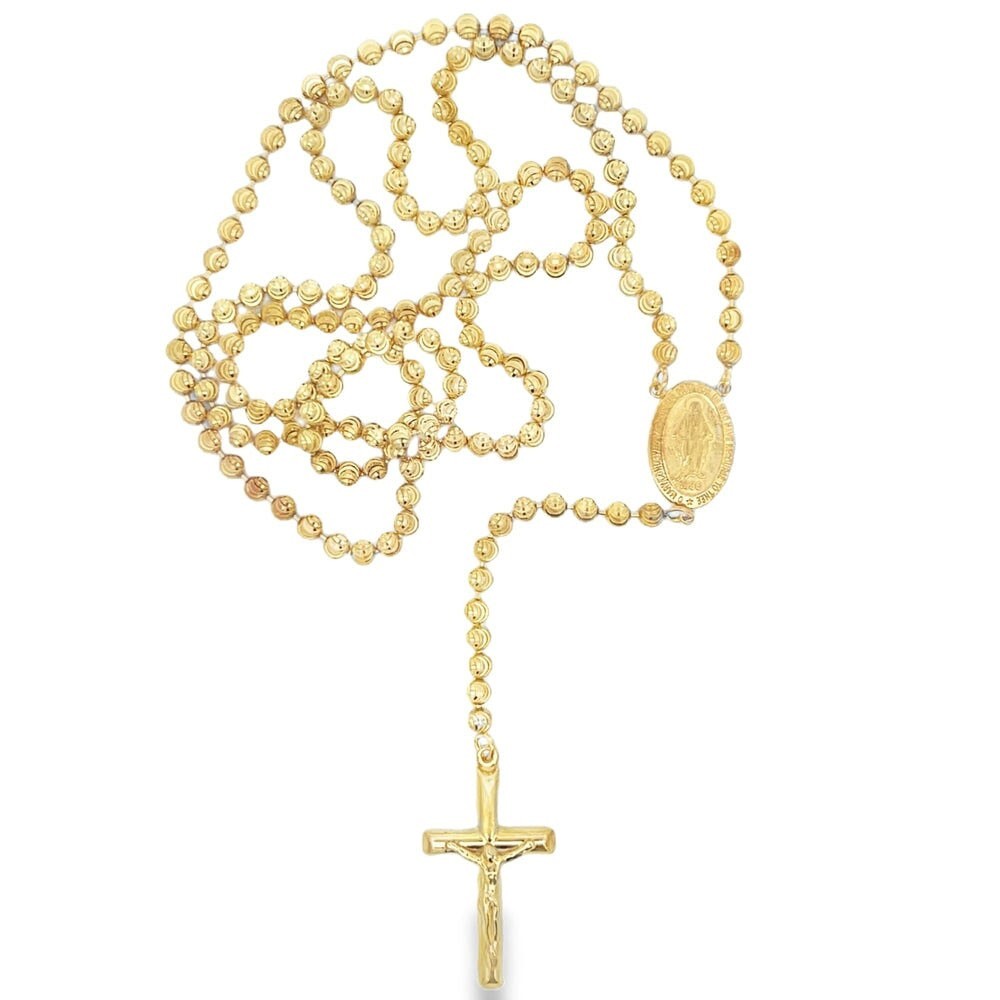 30″ 3mm Moon Cut Rosary Crucifix Chain Necklace 14K Yellow Gold Plated Silver