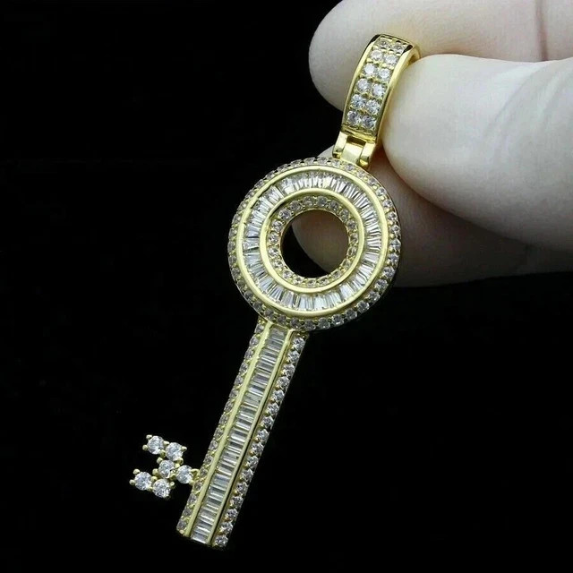 2Ct Round Cut White Moissanite Men’s Key Pendant 14K Yellow Gold Plated Silver