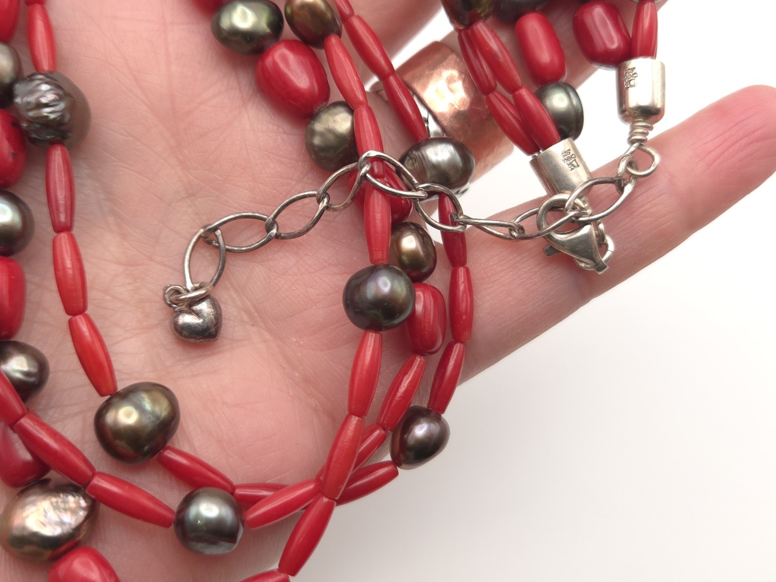 Desert Rose Trading Sterling Silver Black Baroque Pearl Red Coral Necklace