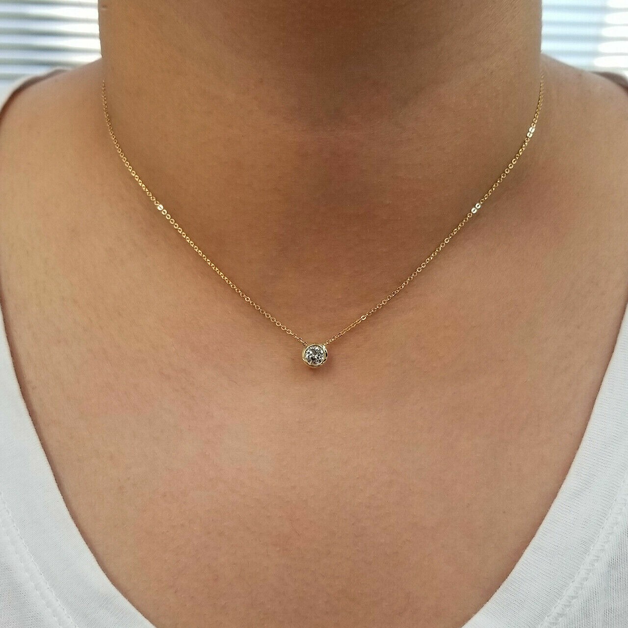 Solid 14K Yellow Gold Over 1.00 Ct Diamond Round Cut Solitaire Pendant Necklaces