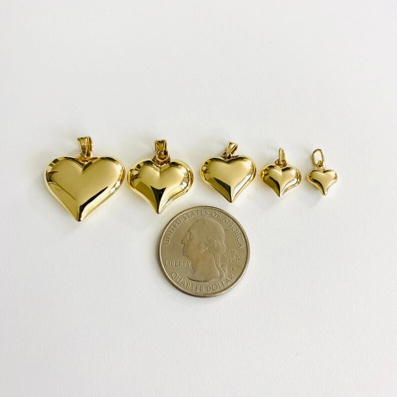 14K Gold Puffy Heart Charm Pendant, 14k Real Solid Gold 3-D Heart Pendant-14KC29