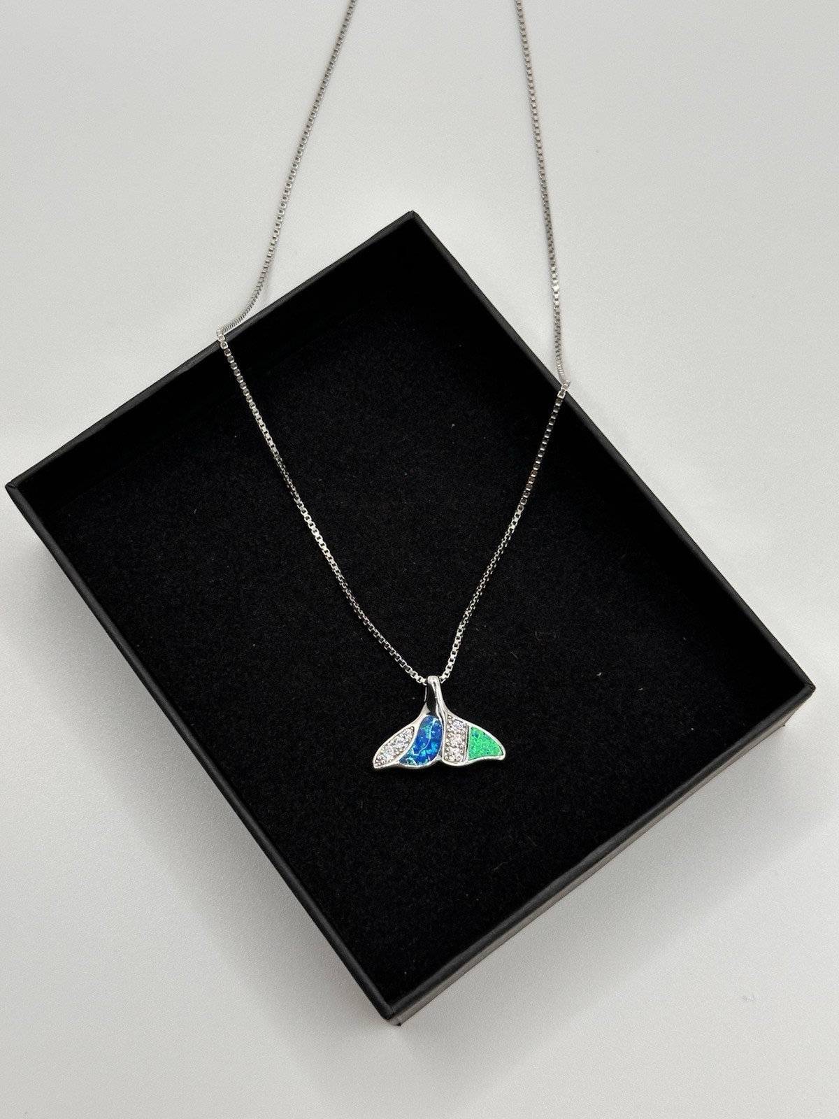 925 Sterling Silver Whale Tail Moissanite & Opal Pendant 18” Italian Box Chain