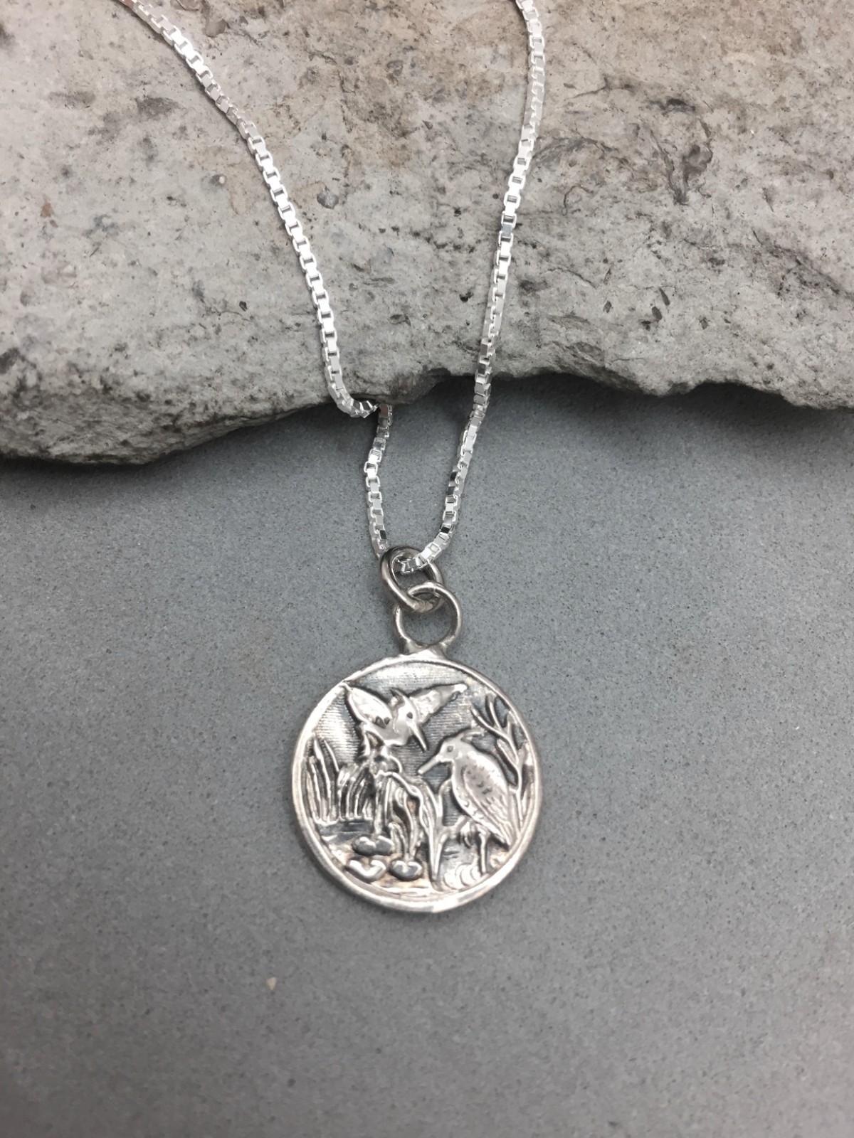 Heron Birds in Marsh Pendant Sterling Silver 16″ Box Chain 5/8″ 5.8 gr Hand Made