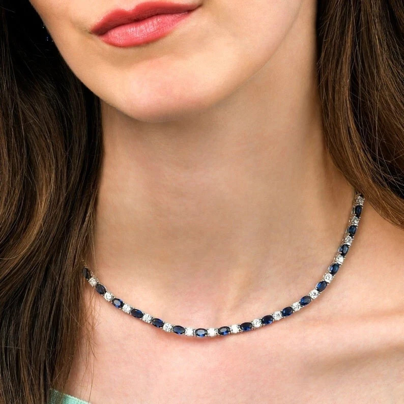 9.55 Ctw Lab Created Oval Blue Sapphire & Diamond Plated Tennis Womens Necklace.
